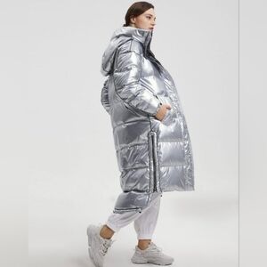 LIT Activewear Maxi Laser Long Parka Silver Metallic Down & Feather Y2K Jacket